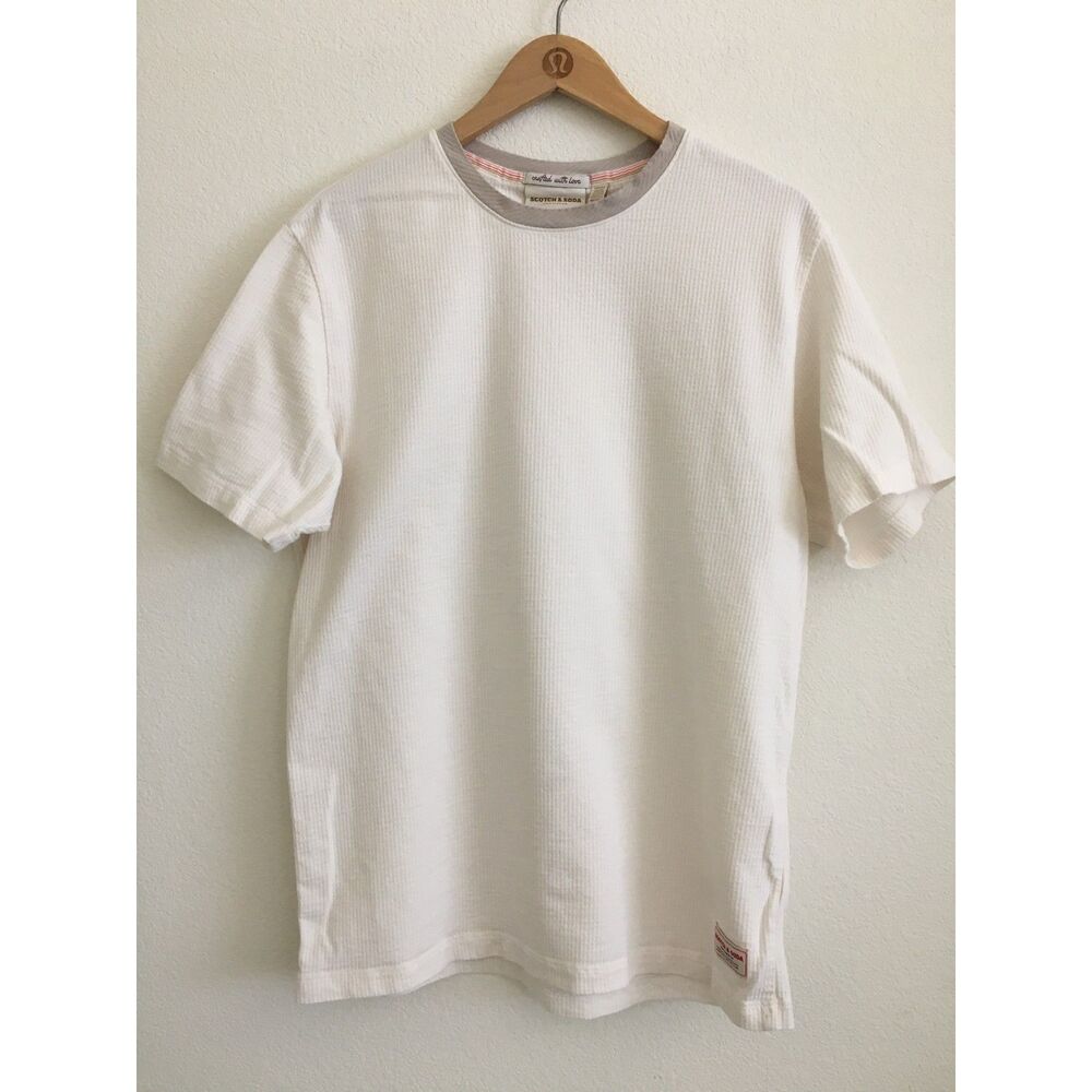 Scotch & Soda Amsterdam Men M Cream Waffle Knit Textured T Shirt Cotton Stretch